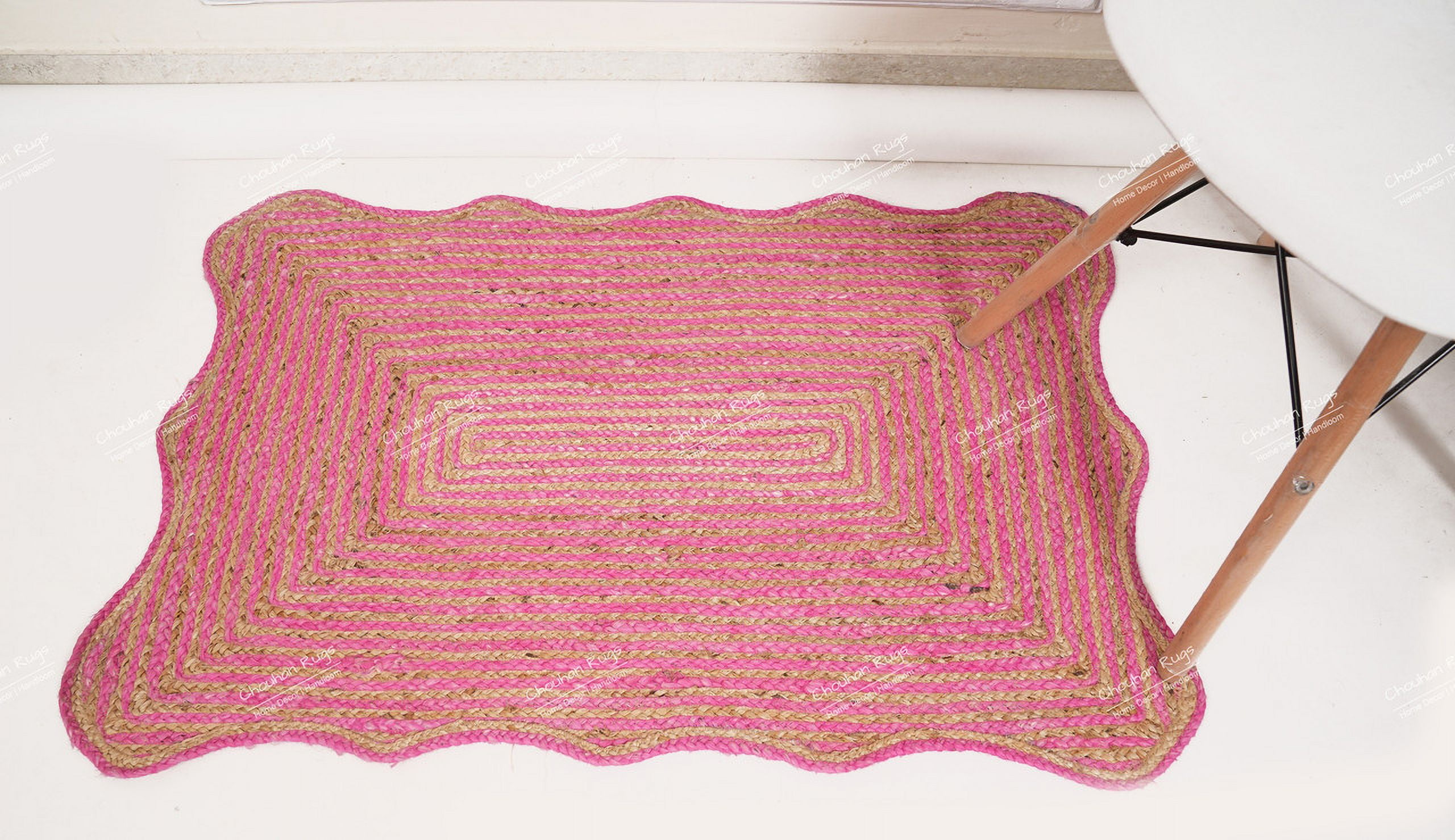 Rectangle Rug Natural Jute Rug Hand Braided Beige and Pink Color Rounding Line Area Rug