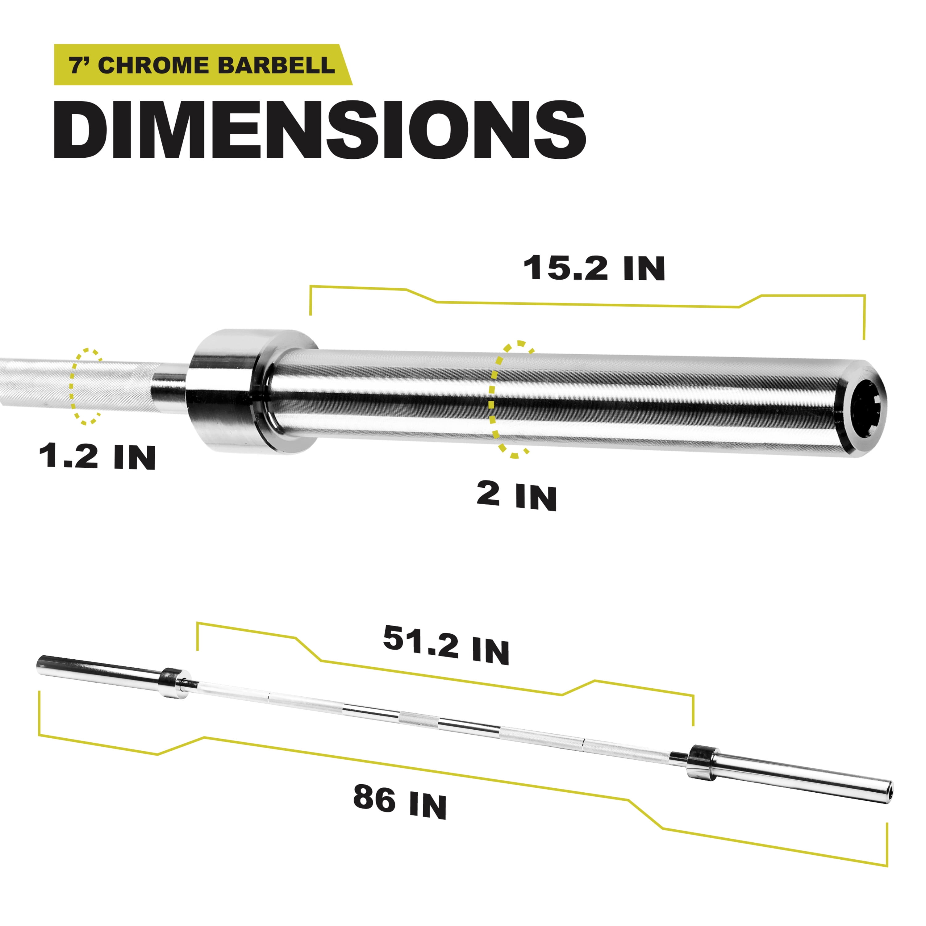 PRCTZ 7 ft Olympic Barbell with 2 In. Sleeve Diameter, 45 Pound Weighted Barbell with 800-Pound Capacity, Available in Black and Chrome