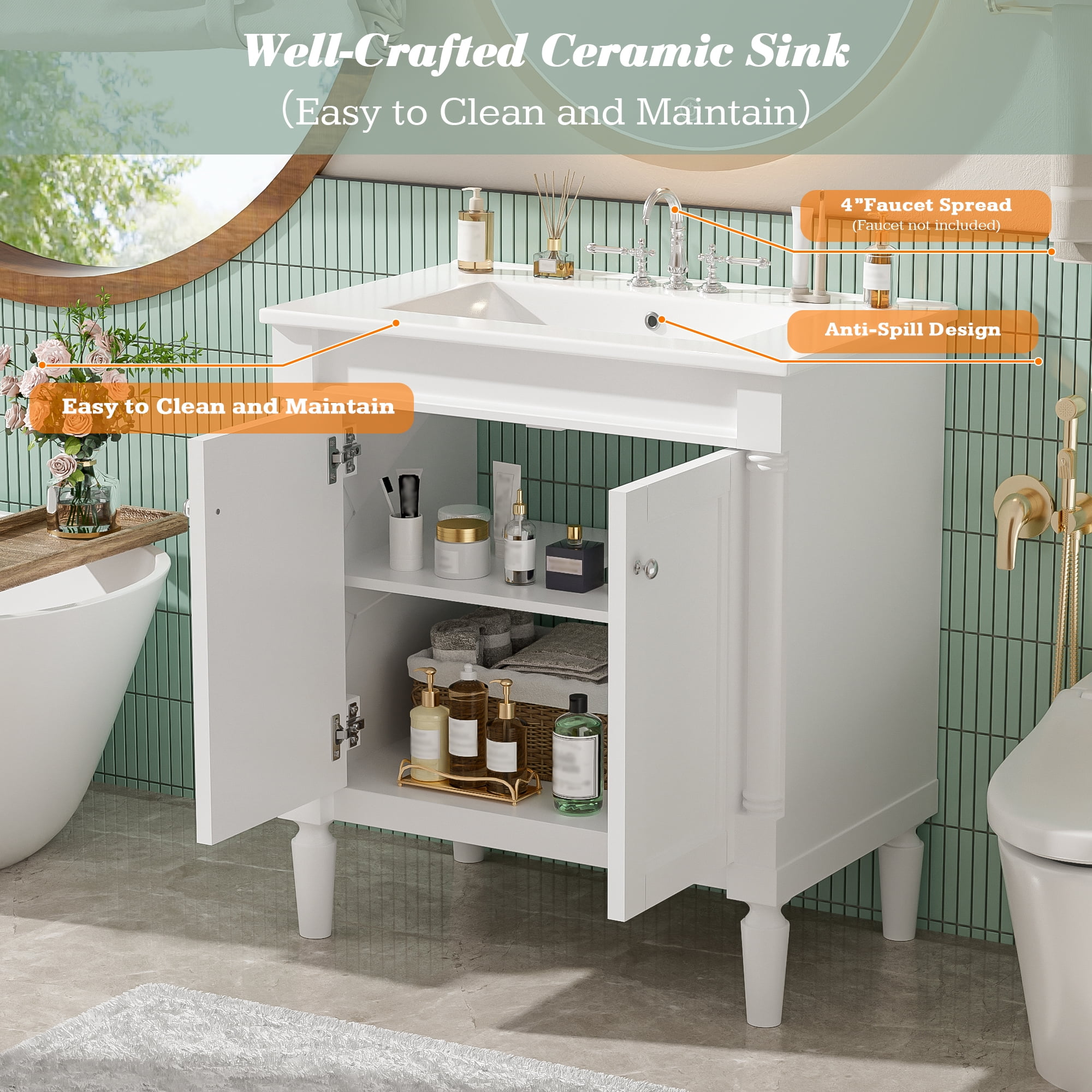 Euroco 30" Luxurious Bathroom Vanity Cabinet with Ceramic Sink Basin, 30-Inch, Storage Cabinet with Soft Close Doors and Solid Wood Legs