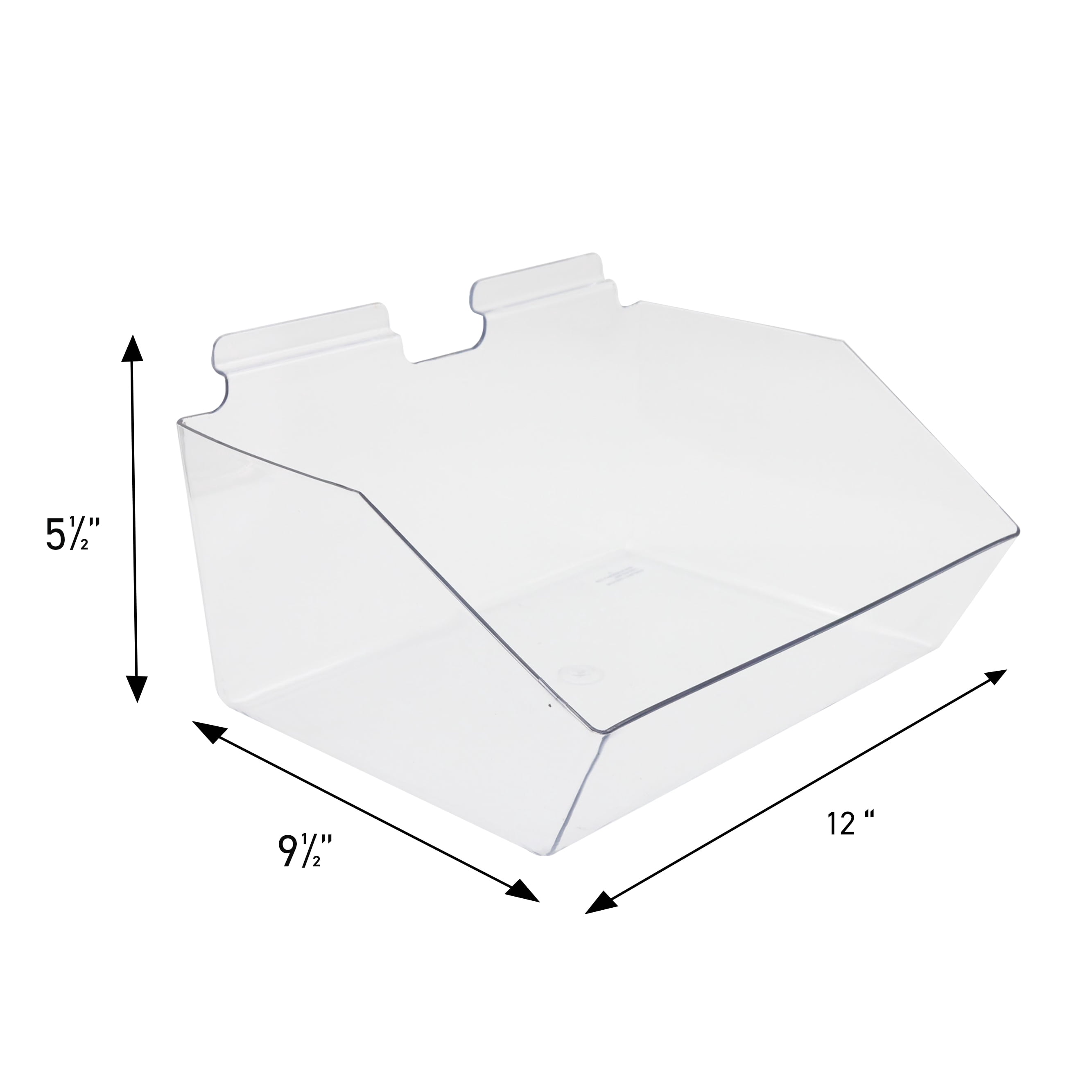 SSWBasics Clear Plastic Dump Bin for Slatwall (Set of 2) - 12" x 5.5" x 9.5" - Retail Display Organizer - Perfect for Retail Stores  Shops  and Merchandising Display