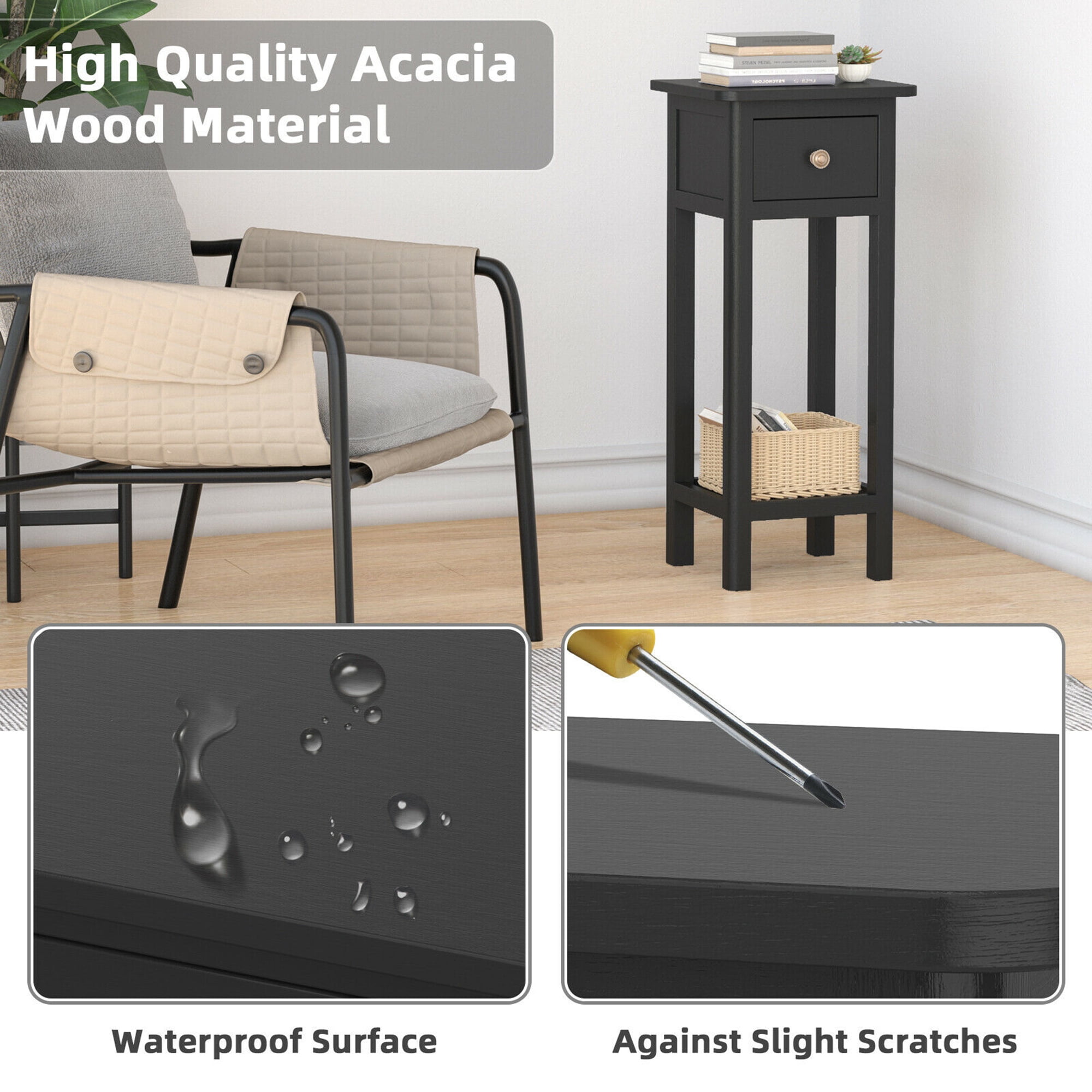 Gymax Acacia Wood Side Table with Drawer, Black
