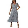 thumbnail image 2 of Robe à Manches Courtes pour Femmes Robes pour Femmes à Manches Courtes Col en V à Volants Robe Midi à Imprimé Floral avec Ceinture, 2 of 8