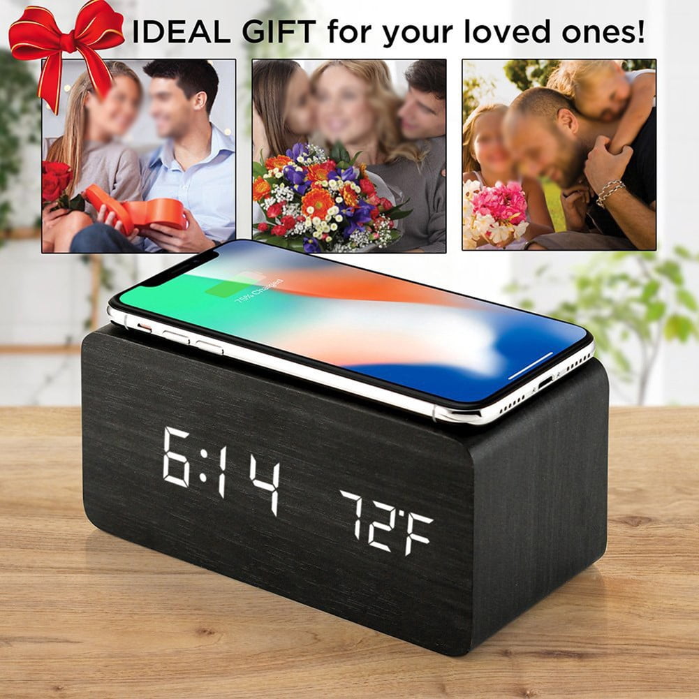 Wooden Digital Alarm Clock with Wireless Charging, Dimmable, Adjustable Volume, 3 Alarms, Weekday/Weekend Mode, Snooze, Digital Clock for Bedroom, Bedside, Office