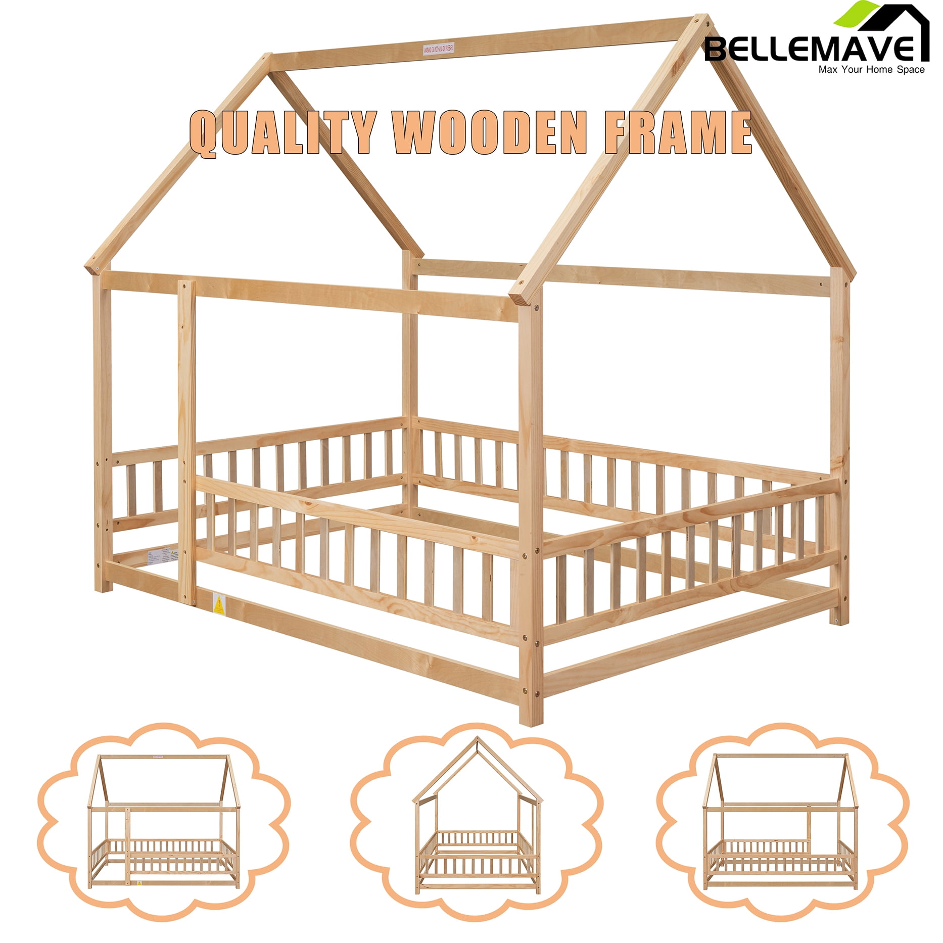 Bellemave Full Floor Bed, Wood Full Size House Bed Frame with Fence, Montessori Floor Bed for Bedroom（Natural)