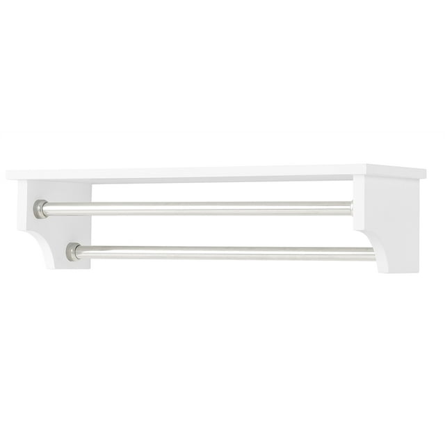 Dover 27 Inch Wide White Wood Bathroom Shelf with 2 Towel Rods