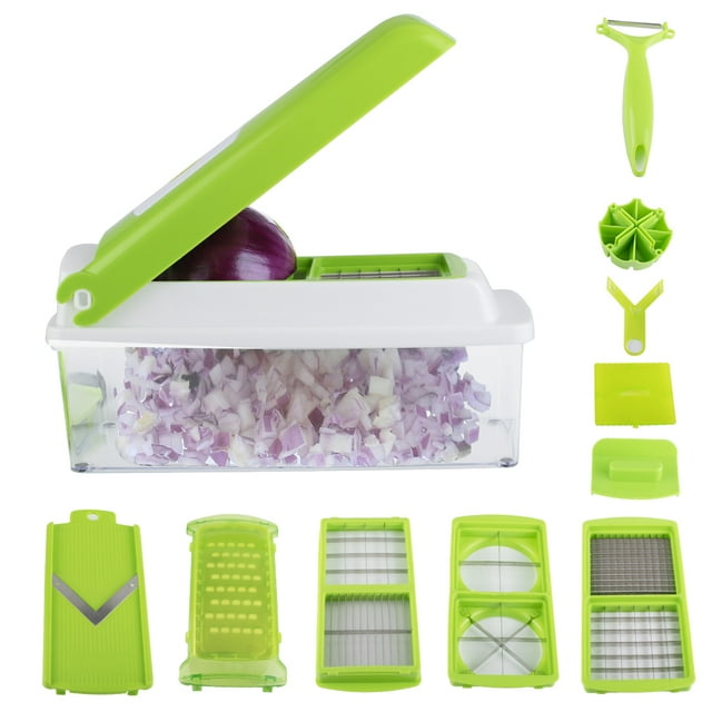Fordawn Hachoir à Légumes 10 en 1, Ensemble Hachoir Alimentaire Coupeur et Râpe, Lames Interchangeables en Acier Inoxydable, Hachoir Multiple Robuste pour Fruits et Coupe-Oignons en dés, Coupeur Éplucheur de Cuisine