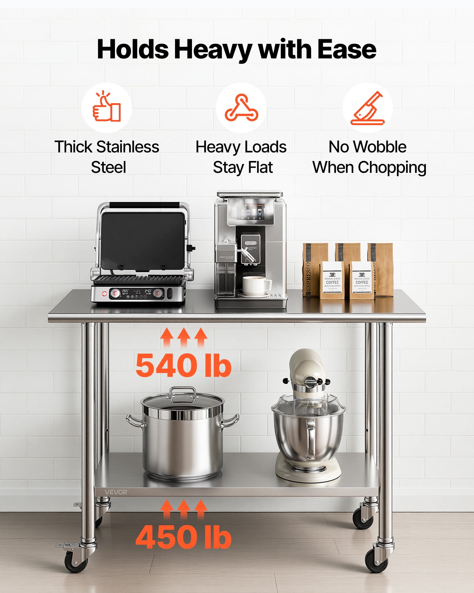VEVOR Stainless Steel Work Table, 24x48 inch Food Prep Table with Wheels and Backsplash, Commercial Kitchen Workstation with Adjustable Undershelf, Metal Utility Worktable, for Restaurant Home