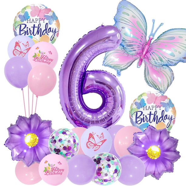 Kit de globos para 6 cumpleaños con mariposas y flores moradas, 20 unidades