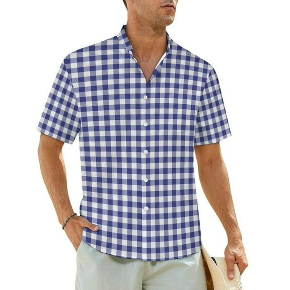 Vintage Vacation Shirt Men Blue And White Checked Loose Casual Shirts Hawaiian Short-Slee