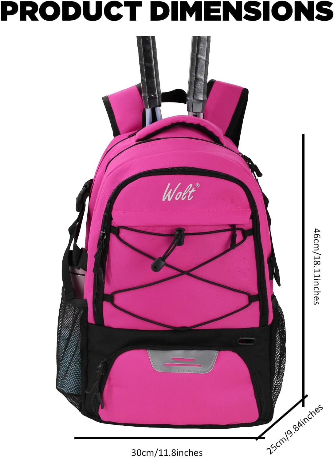 WOLT | Tennis Racket Sports Backpack Bag--34L Capacity Polyester with Ventilated Shoe Compartment Pink