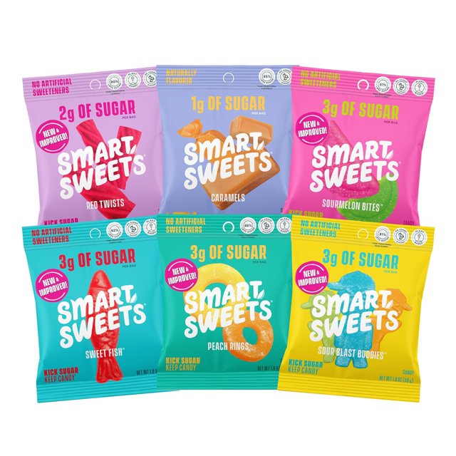 Variety Pack, 1.8oz (Pack of 8), Candy With Low Sugar & Calorie, Healthy Snacks For Kids & Adults - Sweet Fish, Sourmelon Bites, Peach Rings, Sour Blast Buddies