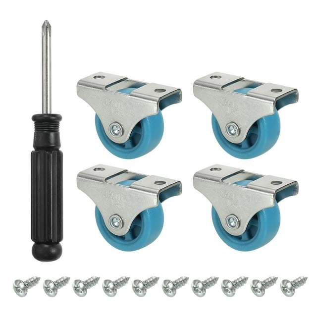 Unique Bargains Mini Fixed Caster Wheel 1.25', 4 Pack PA Rigid Roller with Metal Top Plate Screws, Blue. The set includes four small fixed caster wheels made of PA material, each with a load capacity of 20kg (44lbs). The wheels are designed for straight-line movement and come with a fixed metal top plate for secure mounting. The package also includes screws and a screwdriver for installation. Suitable for furniture, racks, carts, and other lightweight equipment, these wheels roll smoothly and silently on wood, tile, and carpeted floors.