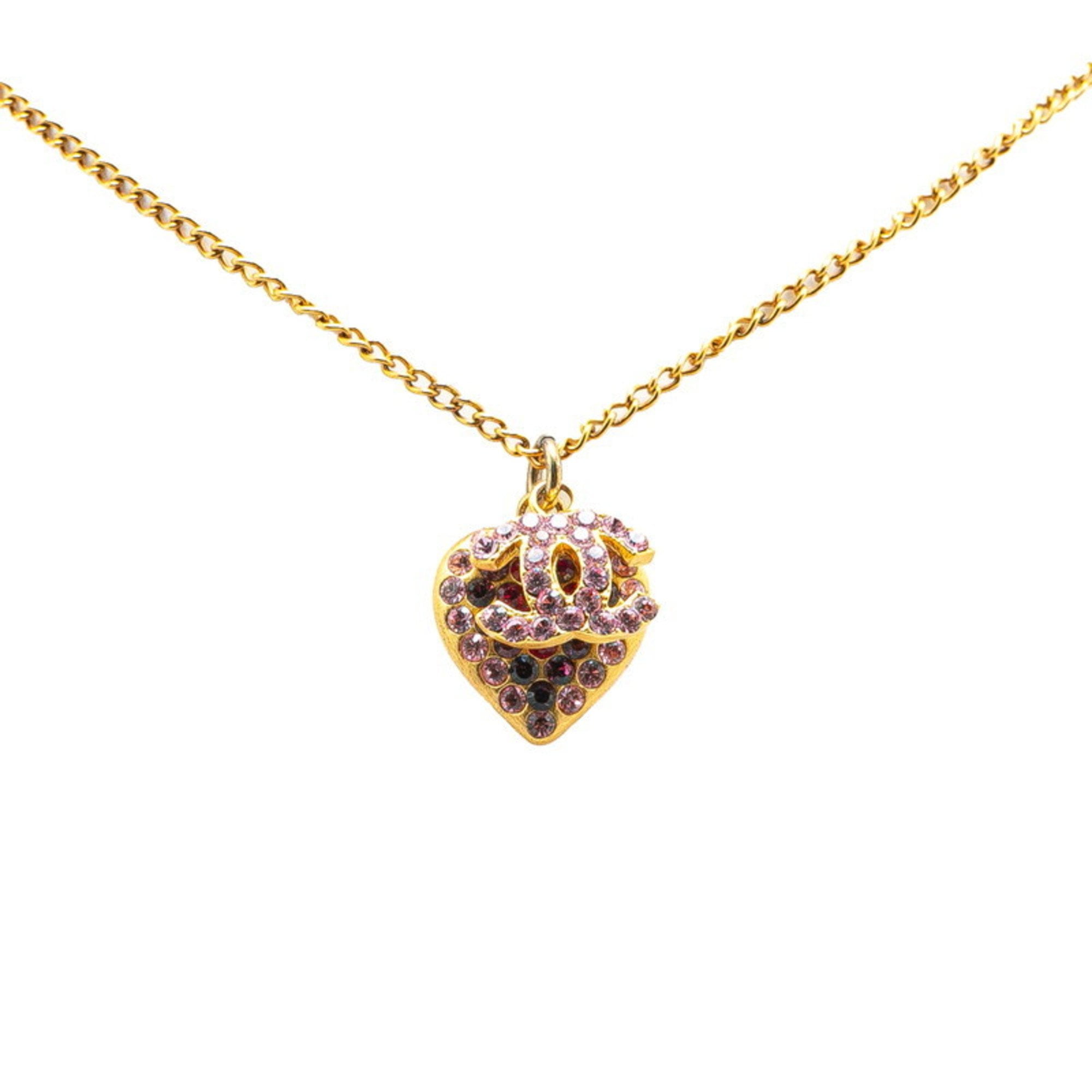 Pre-Owned Chanel Coco Mark Heart Motif Rhinestone Necklace, Gold and Pink Plated,... (Good)