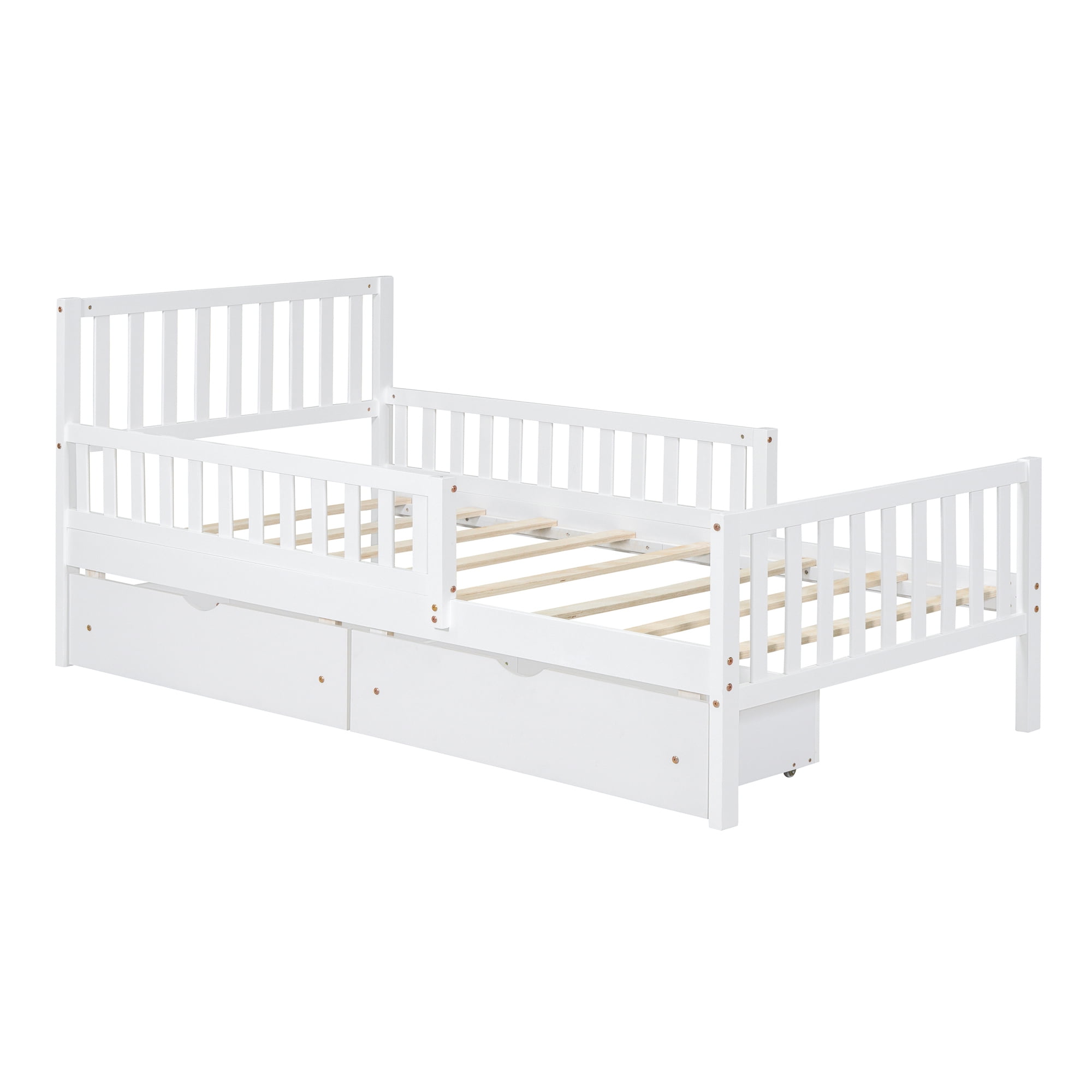 Jopath Twin Size Wood Platform Bed with Guardrails on Both Sides and Two Storage Drawers for Toddler Kids Teens,White