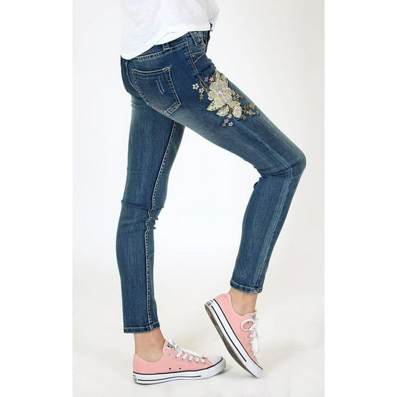 Grace in LA Women's Floral Embroidered Junior Skinny Fit Stretch Jeans (24)