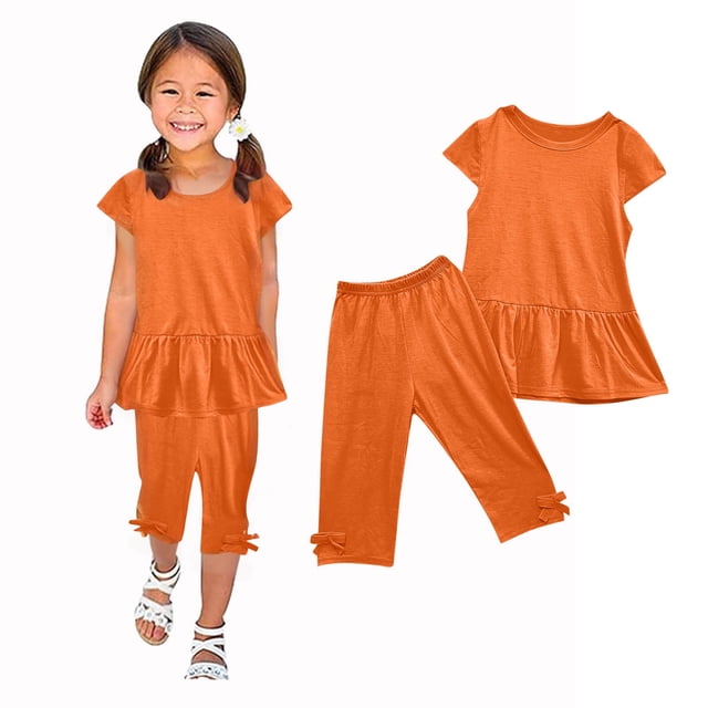 YUTK Vêtements pour Tout-Petites Fille Ensembles 2 Pcs, Mode Ensembles Décontractés pour Filles T-Shirts à Manches Courtes Col Rond Col Bouton Shorts Soldes Orange