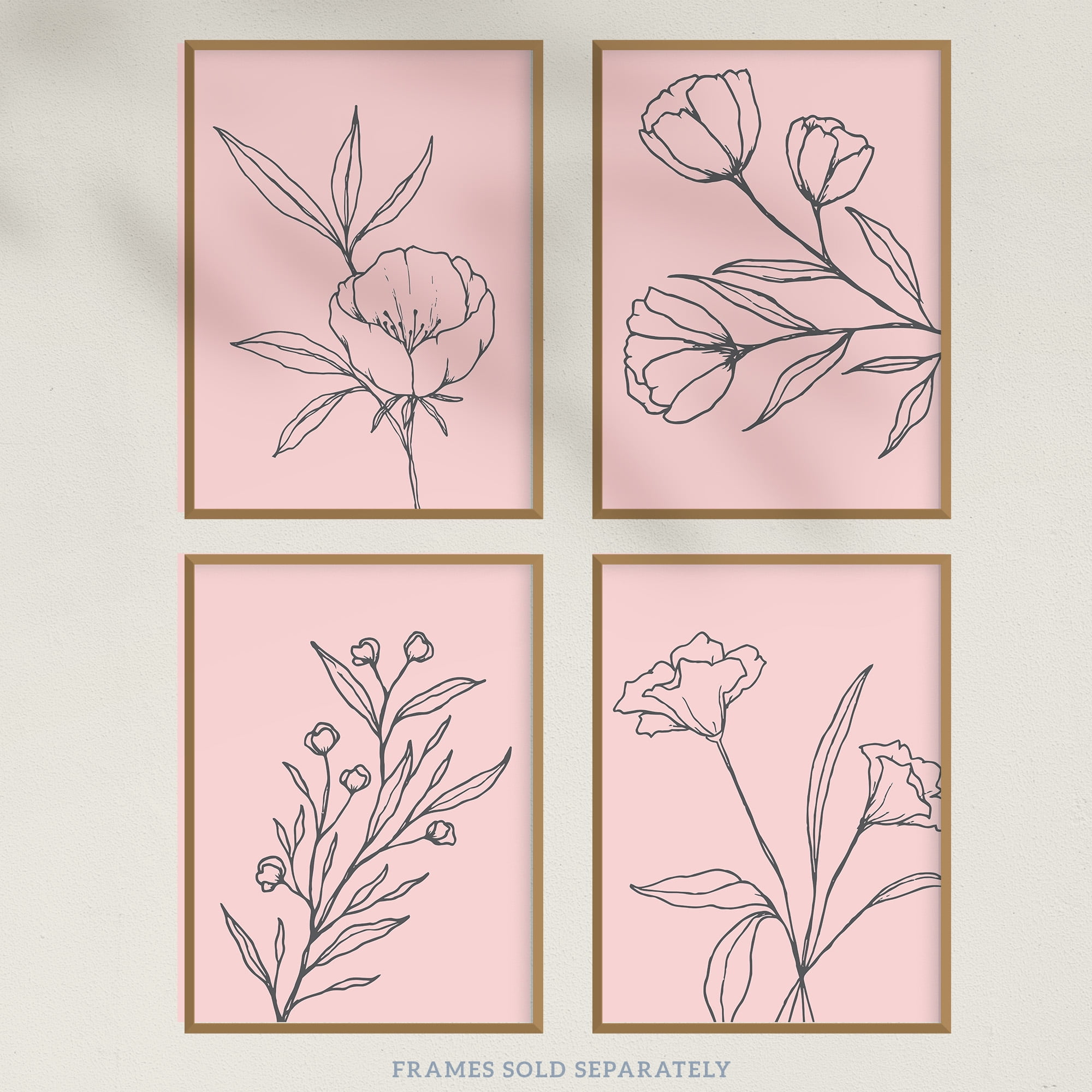 Pack of 8 Pastel Pink Line Art Wildflower Outline Modern Floral