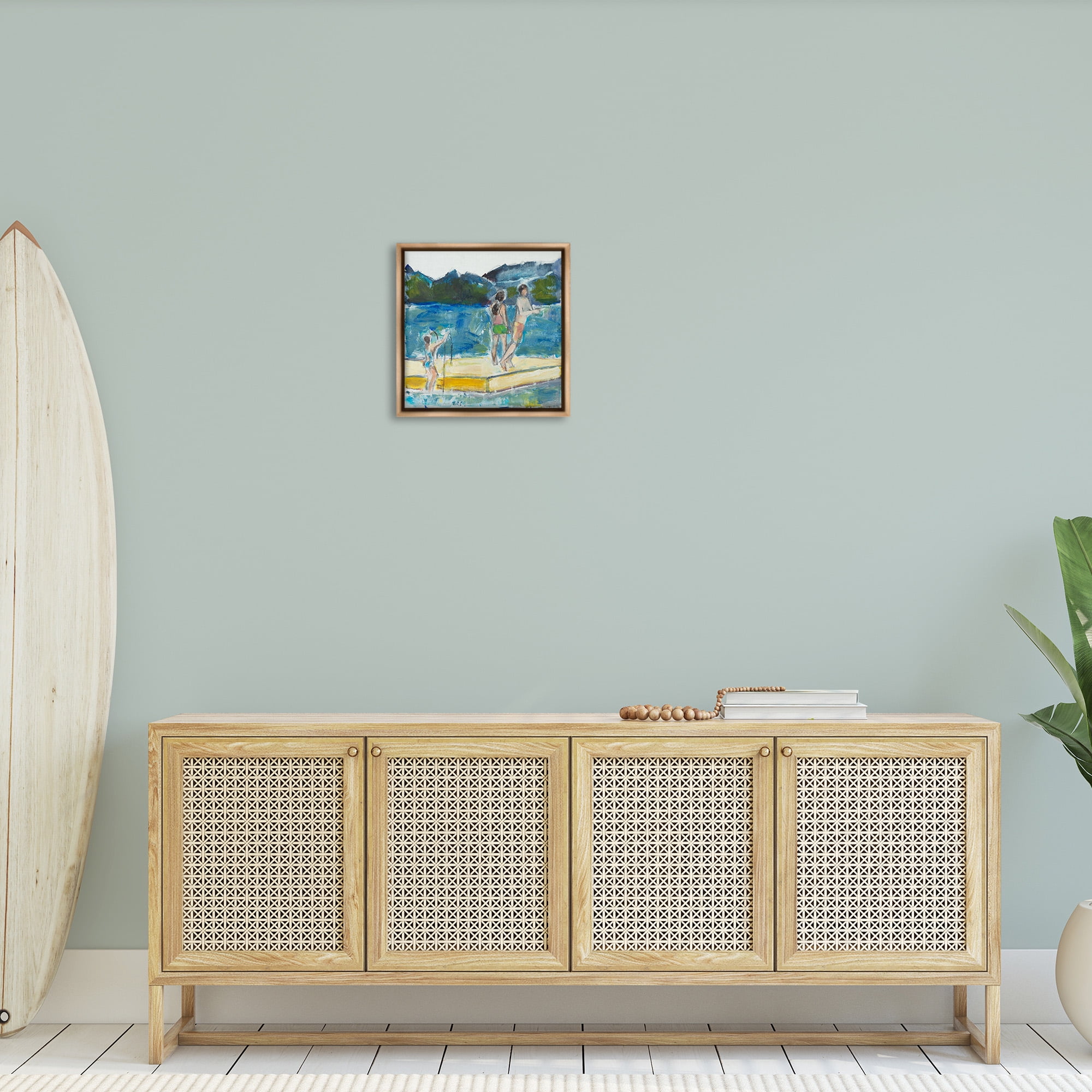 Stupell Industries Kids on Swimming Dock Abstract Sports Painting Brown Floater Framed Canvas Art Print Wall Art, 18 x 18