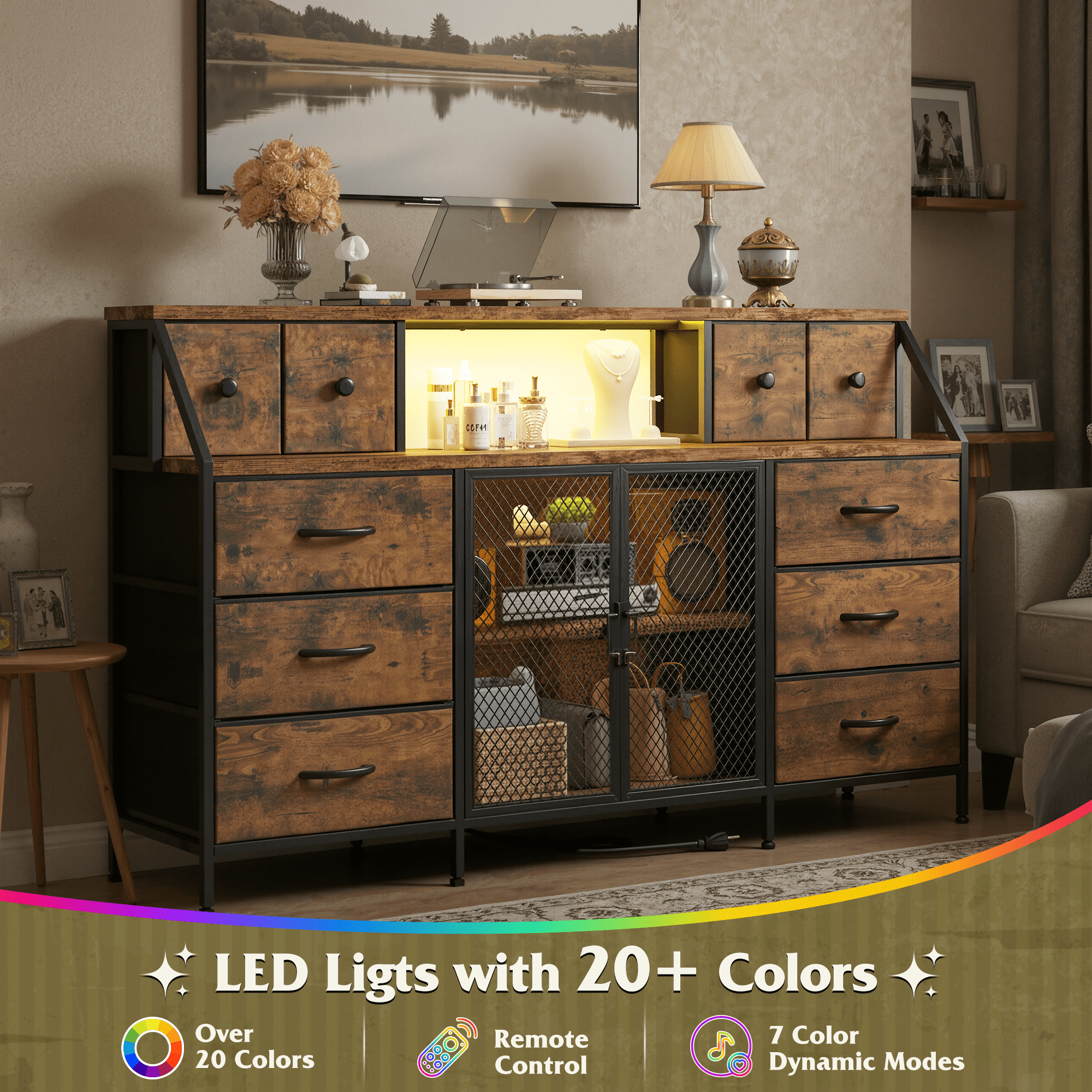 Romorgniz Dresser for Bedroom with 10 Fabric Drawers & Mesh Door 55" Long Dressers & Chest of Drawers with LED Lights & Charging Station for Living Room, Rustic Brown