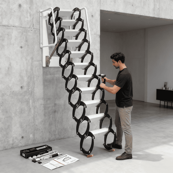 12FT Wall-Mounted Attic Ladder Pull Down System, Alloy Steel Collapsible Ladder Pull Down Attic Stairs,1100 LBS Capacity Foldable Loft Stairs with Armrests