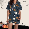 thumbnail image 2 of ZHENHONG Pajamas for Women, Halloween Graphic Printed Satin Cute Sleepwear Buttons Short Sleeve Tops Shorts Sets, Women's Sleepwear Blue, 2 of 5