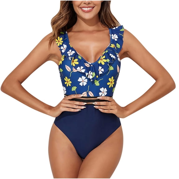 Stamzod Womens Bathing Suits One Piece Summer Floral Patchwork Ruffle Swim Suit Vacation Beach Slim Fit Swimsuits for Women 2026 Yellow XXL