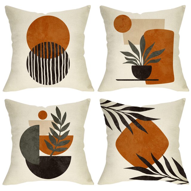 Juego de 4 fundas de almohada decorativas con hojas de olivo y plantas al atardecer abstractas, decoración de funda de almohada con línea geométrica bohemia, 18x18
