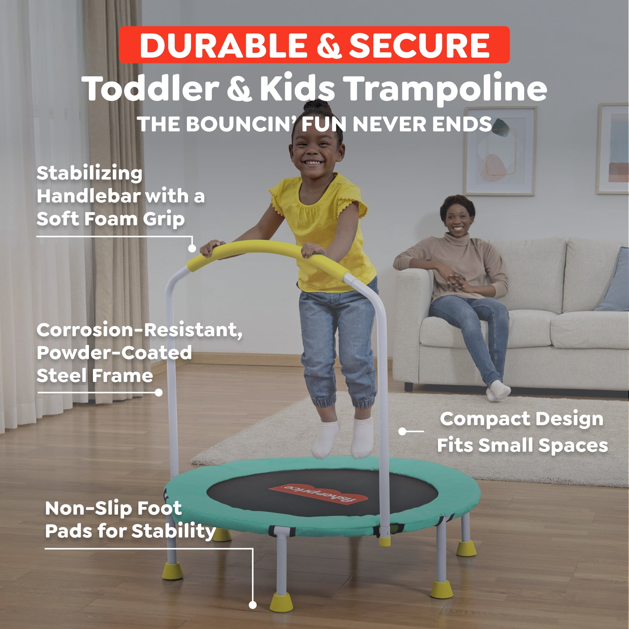 Fisher-Price WonderJump 3ft Indoor Mini Trampoline w/Handlebar for Toddlers & Kids, Green