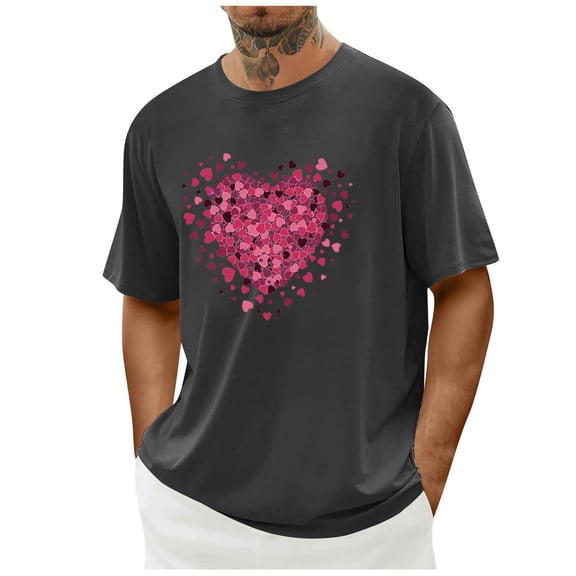 EchfiProm Mens T shirts Gray Shirts Valentine Heart Short Sleeve Casual Tops for Adult Graphic L