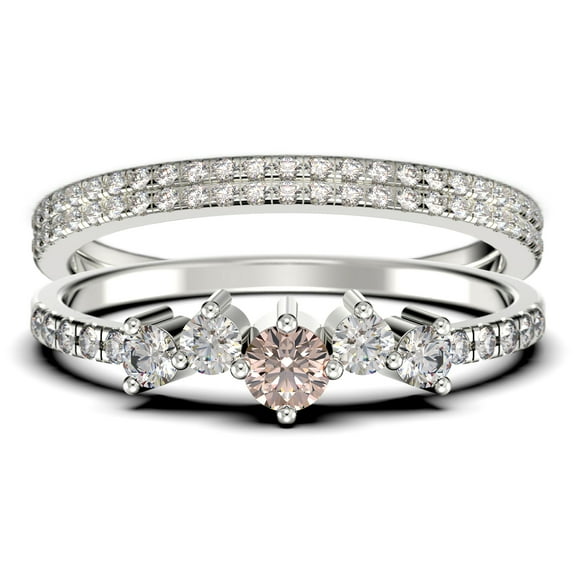 Promise Ring 1.60 Carat Round Cut Morganite And Diamond Moissanite Engagement Ring Wedding Band Ring in 925 Sterling Silver With 18k White Gold Plating, Dainty Ring, Trio Set, Matching Band