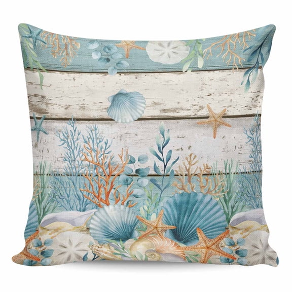 Vintage Blue Coastal Pillow Covers 18x18 Inch Decorative Throw Pillow Cover, Summer Beach Starfish Shell Coral Nautical Sofa Pillowcases Accent Cushion Case Home Decor Bedroom Living Room