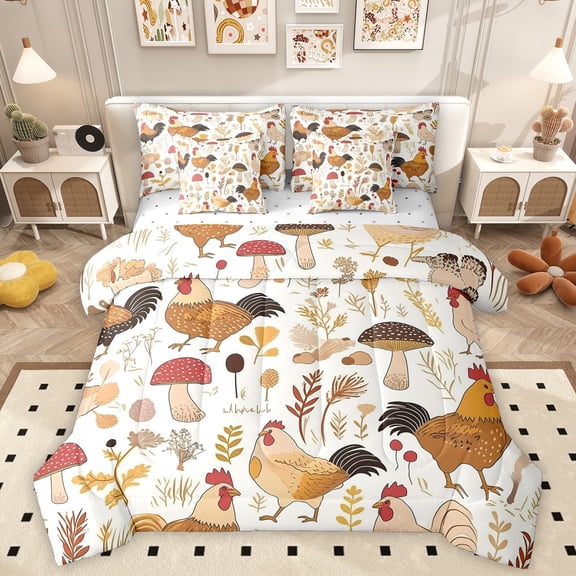 Homewish Farm Animal Chicken 7-Piece Twin Bedding Sets,Retro Rustic Mushroom Bedding Comforter Set,Country Plant Leaves Sheet Sets For Boys Kids,Super Cozy Room Decor