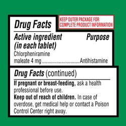 Equate Formaldehyde-Free Chlorpheniramine Maleate Allergy Medicine, 100 Tablets, 4 mg