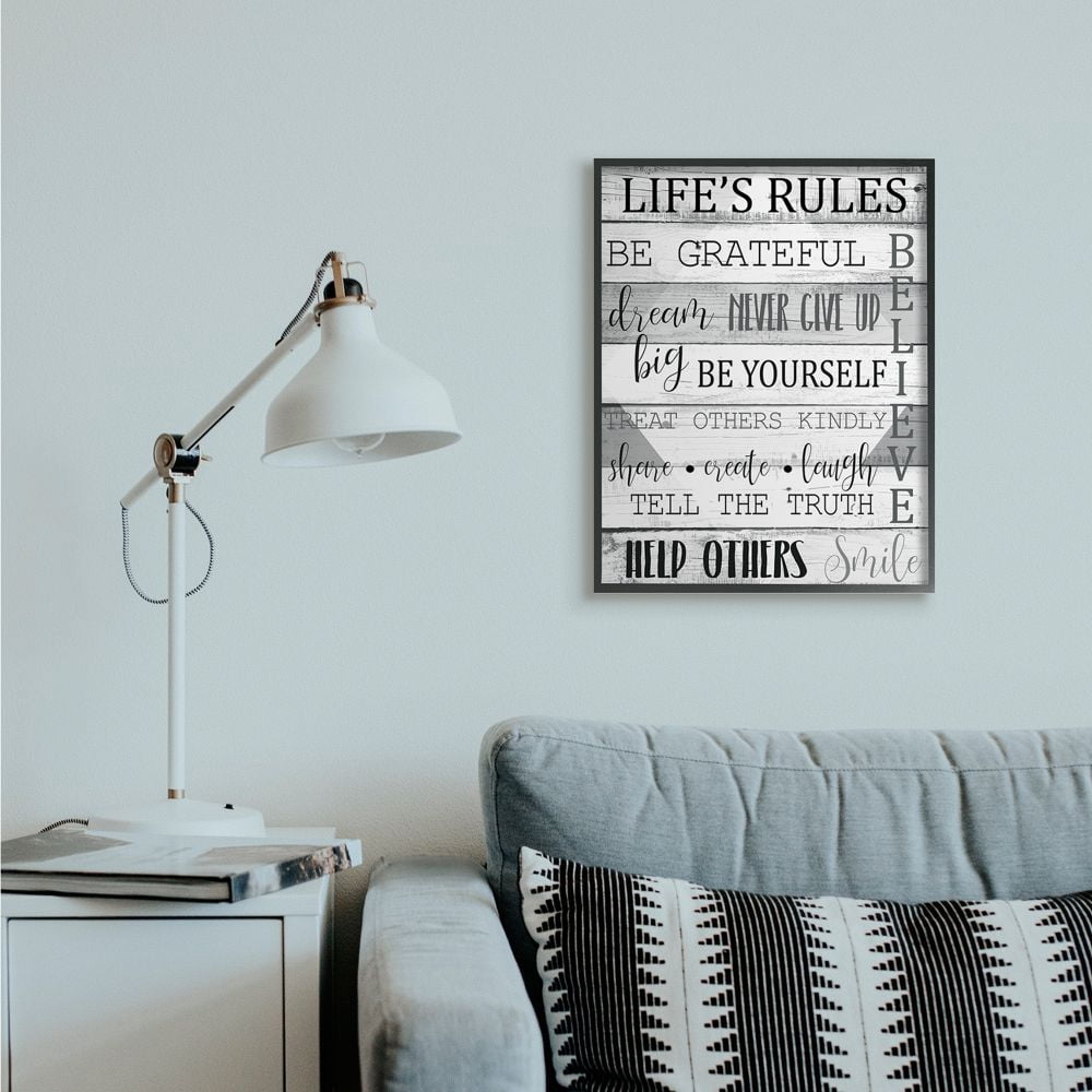 Stupell Industries Life's Rules Phrases on Wood Grain Black White Word Design Framed Wall Art Design by Kim Allen, 24" x 30", Black Framed