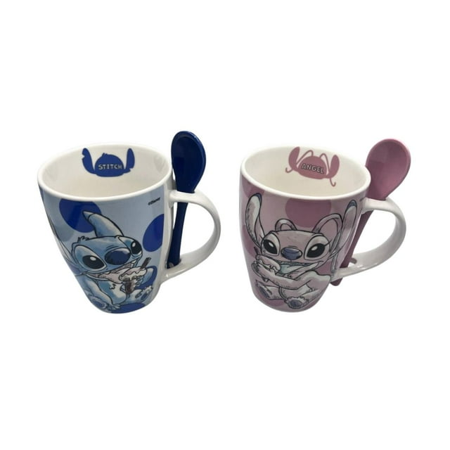 Juego de 2 tazas de porcelana Disney Stitch Azul Rosa 310ml Con cucharas