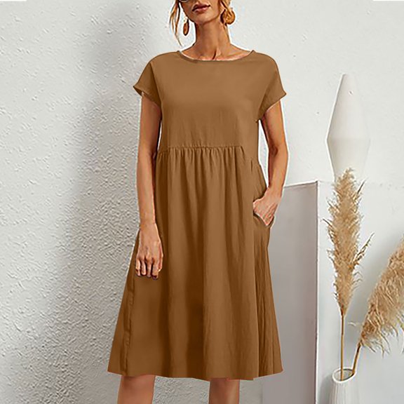 Patlollav Womens Casual Summer Cotton Linen Solid Color Round Neck Short Sleeve Dress Midi Dress