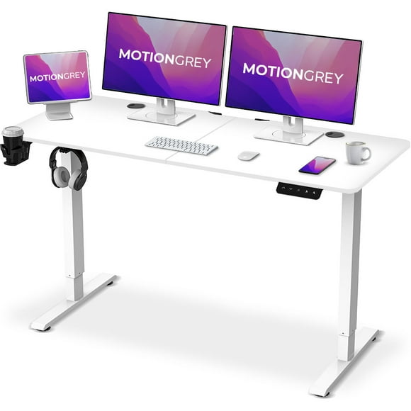 MotionGrey - Ergo2 Adjustable Electric Standing Desk with Memory Settings - 55" x 24" White Top White Frame - Ergonomic Desk for Home and Office