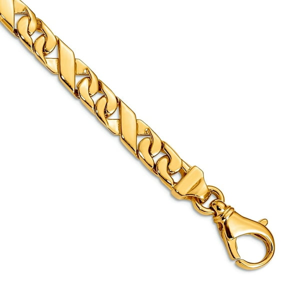 14k Yellow Gold Solid 7mm Hand Polished Fancy Link Chain Bracelet 8 Inch Lobster Claw Link Bracelet for Women and Men