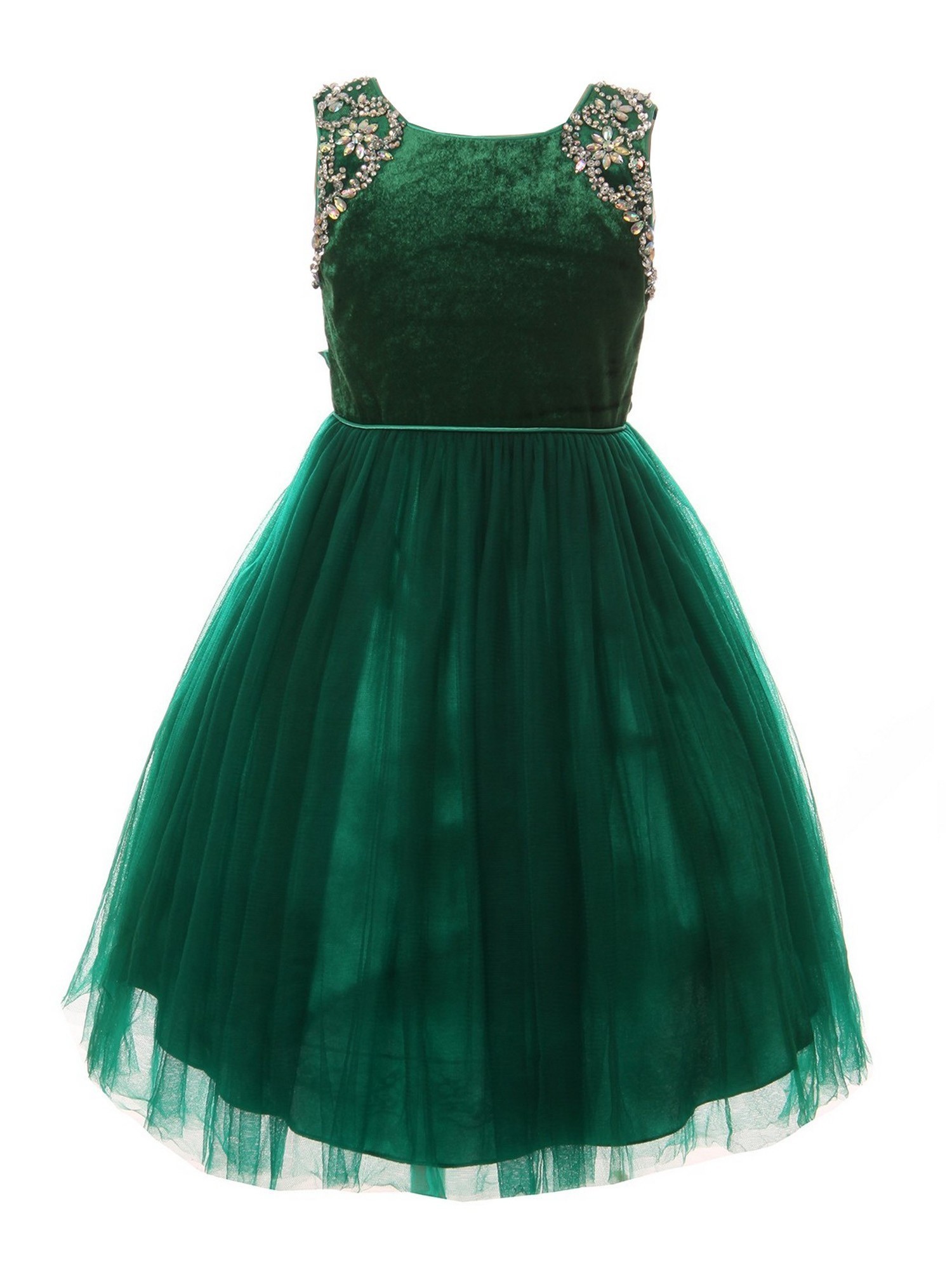 Cinderella Couture - Little Girls Green Velvet Sparkle Rhinestone Tulle T-Length Christmas Dress