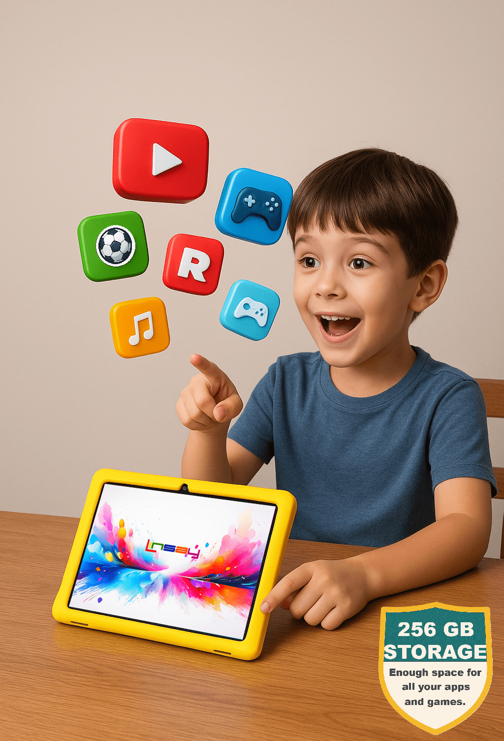 LINSAY 10.1"Octa Core 256GB Storage Android 15 Tablet with Yellow Kids Defender Case