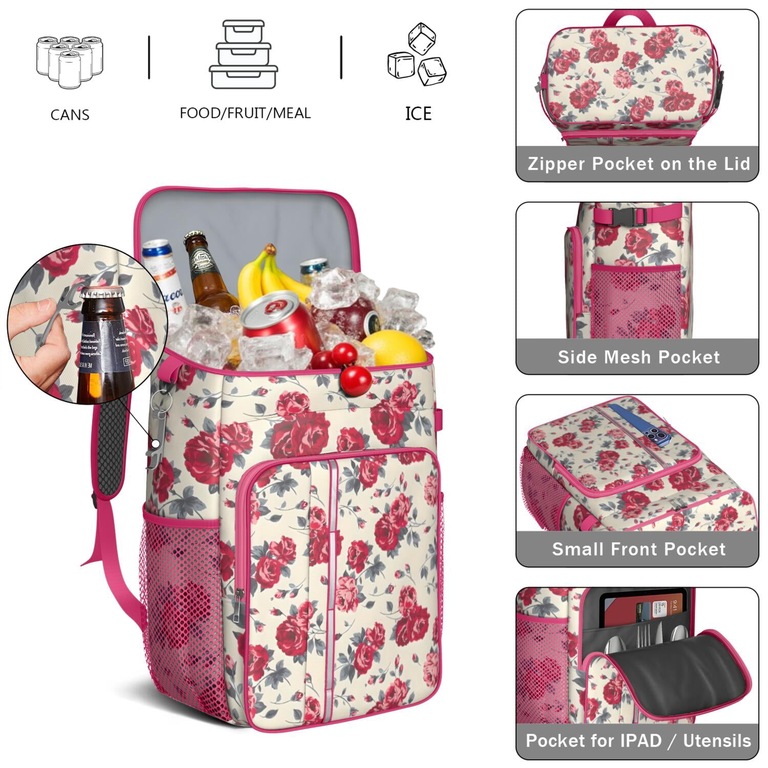 Travel Cooler Bag - Pioneer Flower Floral Print Pattern Camping Beer Cooler Backpack with Bottle Opener- Waterproof Insulated Picnic Backpacks - Cooler Bag for Beach