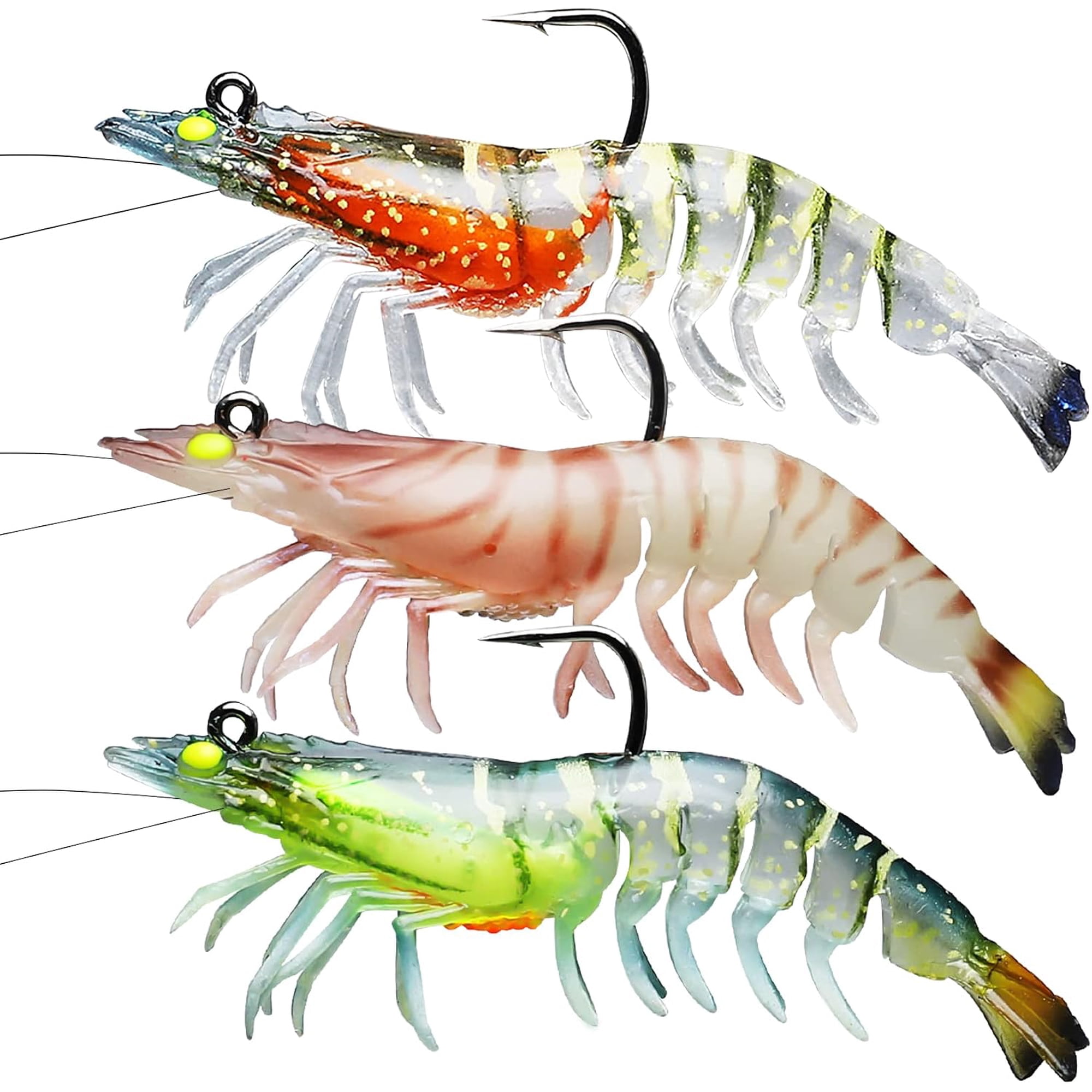 3 pcs Soft Shrimp Fishing Lures Pre-Rigged Shrimp Artificial Bait Segmented Silicone Prawn Lure with Lifelike Eyes Multi Color Pack
