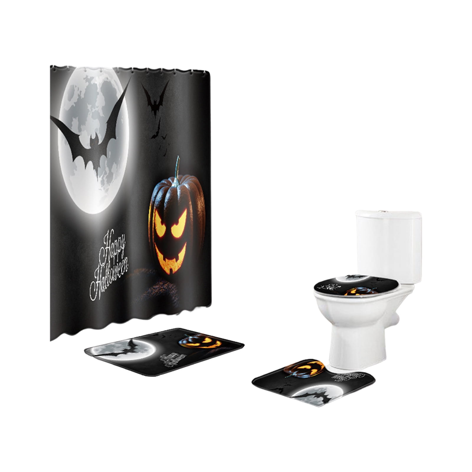 Halloween Shower Curtain Set Toilet Lid Cover Pack Of 4 Bathroom Mats