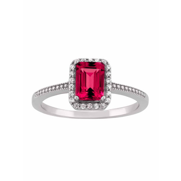Created Ruby and CZ Sterling Silver Emerald-Cut Halo Ring - Walmart.com