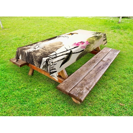 

Art Outdoor Tablecloth Bird Jumping into a Lotus in a Gloomy Setting Circle of Life Chinese Culture Decorative Washable Fabric Picnic Table Cloth 58 X 84 Inches Cream Taupe Hot Pink by Ambesonne