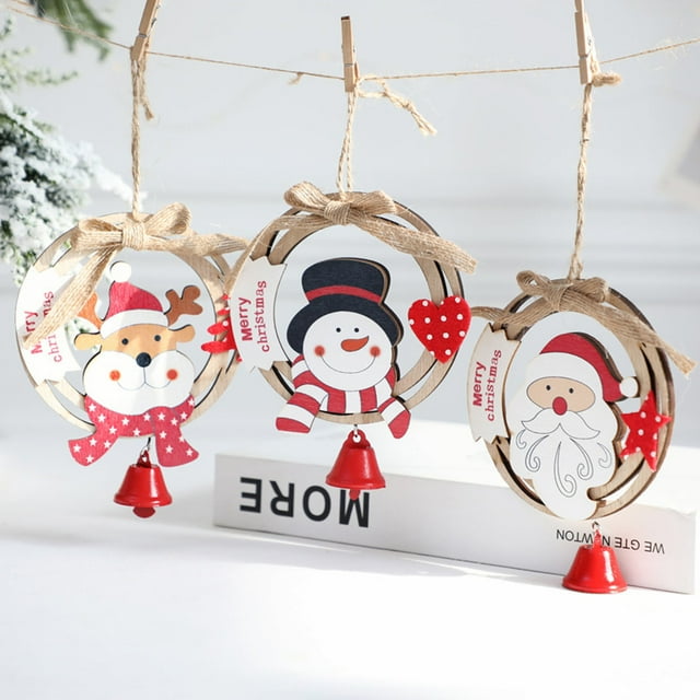 Juego de adornos navideños de madera • Decoraciones para el árbol de muñeco de nieve de Papá Noel y renos • Manualidades navideñas de 3 piezas con moño