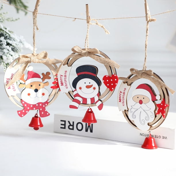 Juego de adornos navideños de madera • Decoraciones para el árbol de muñeco de nieve de Papá Noel y renos • Manualidades navideñas de 3 piezas con moño