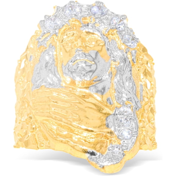Floreo 10k Yellow Gold 29mm Jesus Face Two-Tone CZ Praying Hands Men's Ring, Sizes 5 - 13