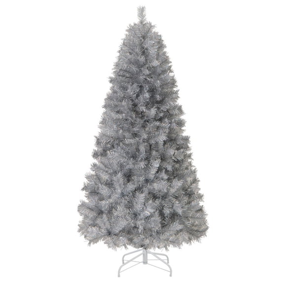 RUIE 6 ft Silver Tinsel Christmas Tree, Pre-Lit Artificial Xmas Tree with 230 LED Lights and 553 Branch Tips, Metallic Holiday Tree