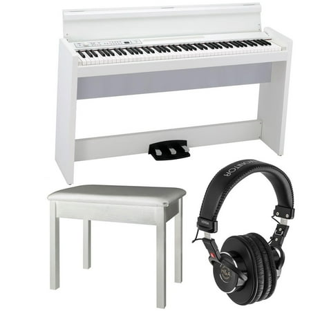 Korg LP-380 88-Keys Grand Digital Piano, White Bundle with Piano Bench, H&A Versa Professional Studio Monitor Headphones